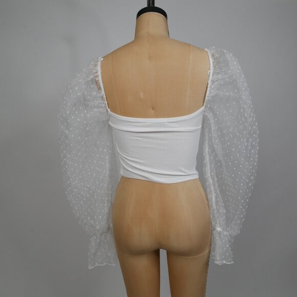 Zara | white sheer puff-sleeve blouse crop top with swiss dot organza sleeves sm - Picture 4 of 6